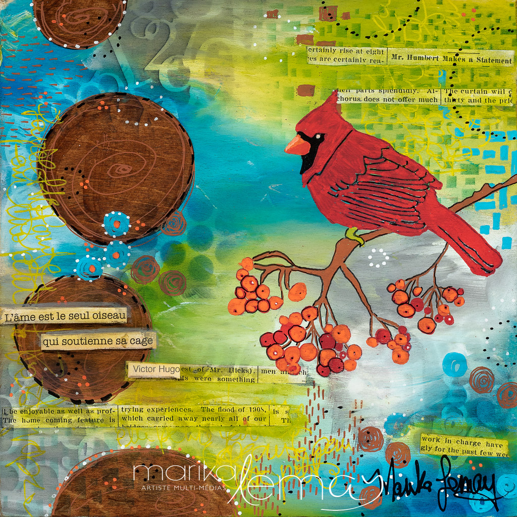 Le joyeux cardinal-techniques-mixtes-sur-panneau-de-bouleau-8x8