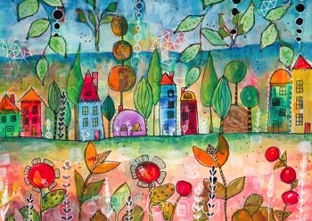 Le village enchanté 2-techniques-mixtes-sur-papier-aquarelle-11x14